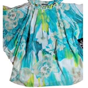 Sheer Floral Tunic‎ Top L Kimono Flutter Sleeve Boho Beachy watercolor spring